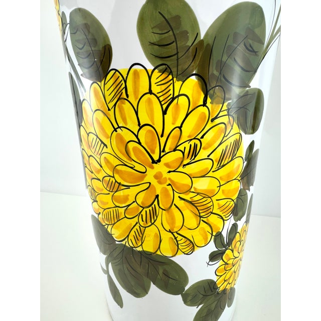 Handpainted Italian ceramic umbrella stand featuring a bold hand-painted sunflower motif in rich golden yellow with...