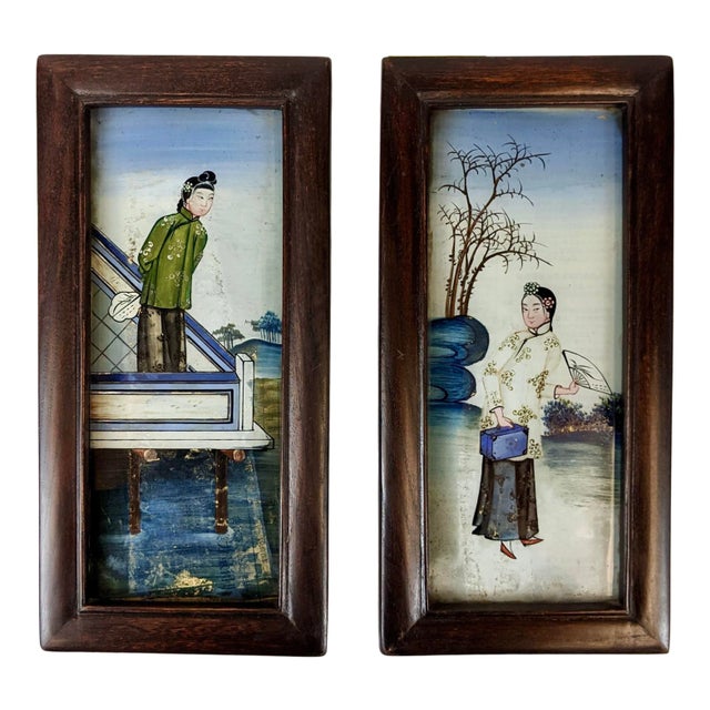 1920s Asian Figurative Reverse Glass Paintings, Framed - a Pair For Sale