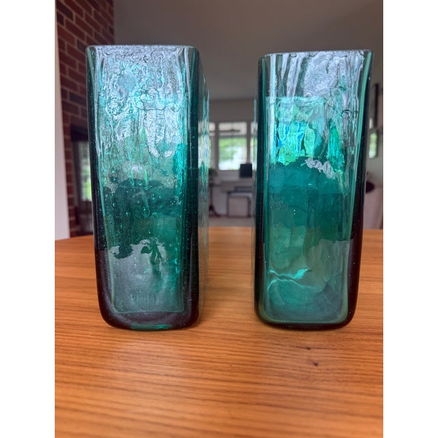 Mid 20th Century Pair of Vintage Blenko Hand Blown Glass Vases — Style 3732, Teal Green For Sale - Image 5 of 6
