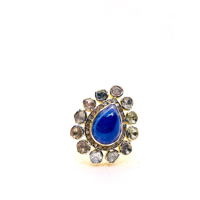 Royal Blue Bochic “Orient” Vintage Rose Cut Diamond & Tanzanite Ring Set 18K Gold & Silver For Sale - Image 8 of 11