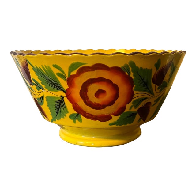 Antique Early 19th Century English Staffordshire Canary Yellow Bowl With Hand Painted Roses For Sale