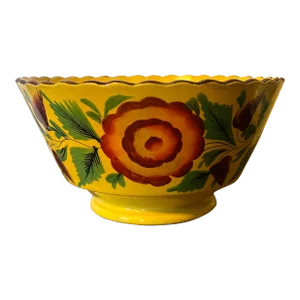 Antique Early 19th Century English Staffordshire Canary Yellow Bowl With Hand Painted Roses
