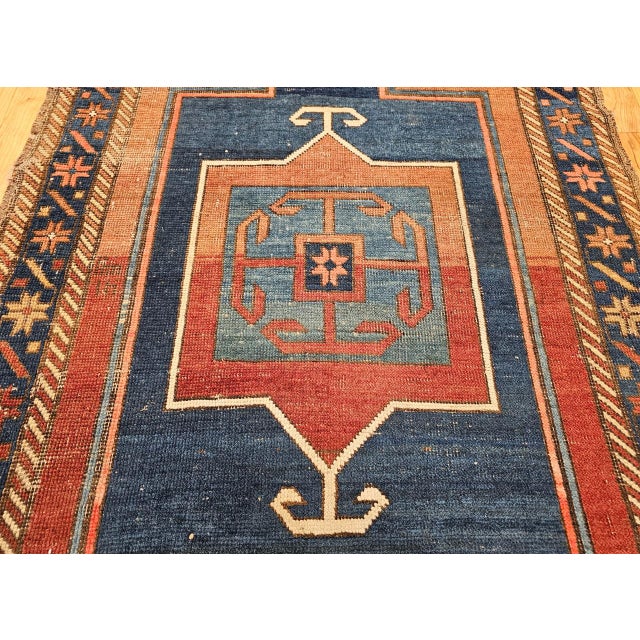 19th Century Caucasian Fachralo Kazak Prayer Area Rug, Persimmon & Blue, 3' x 4' For Sale - Image 9 of 15
