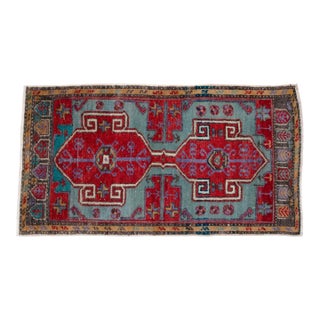 1960s Vintage Faded Rug Hand Knotted Small Rug Mat For Sale