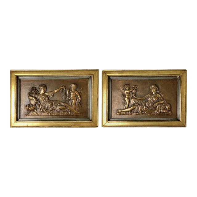 Bronze Relief Wall Plaques Framed Woman with Cherub - A Pair For Sale