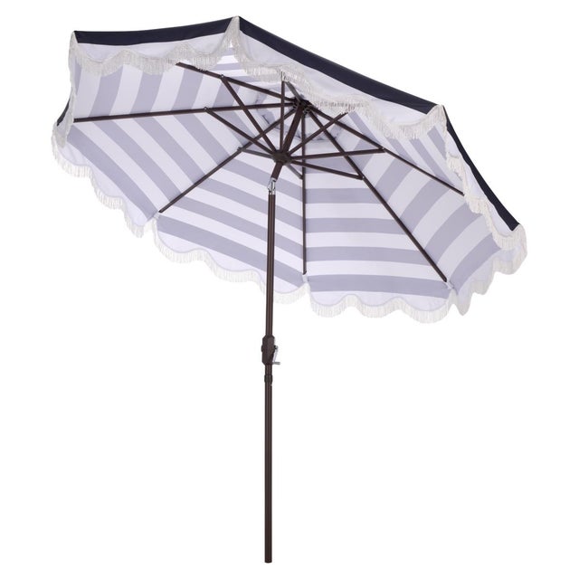 Metal Lucerna 9 Ft Crank Umbrella, Navy Stripe/Brown Pole For Sale - Image 7 of 9