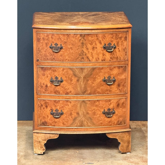 English Bow Front Small Chest of Burr Walnut With Three Drawers For Sale - Image 4 of 14