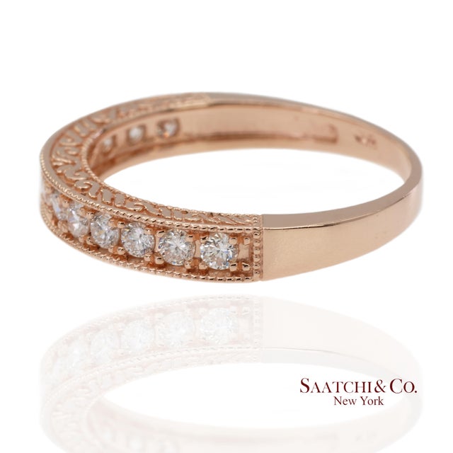 Contemporary 14k 585 Solid Rose Gold Side Engraving Natural Diamond Band Ring, Size 8 For Sale - Image 3 of 12