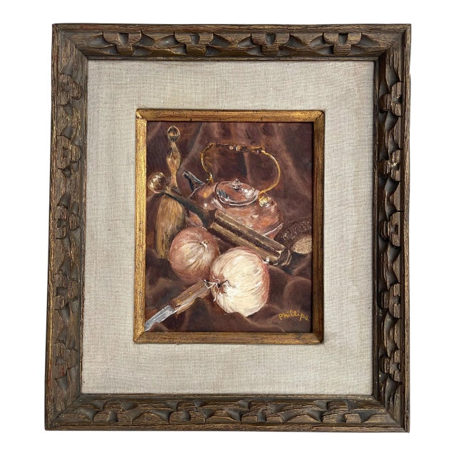 Vintage Rustic Kitchen Still Life Oil on Canvas Board Framed For Sale