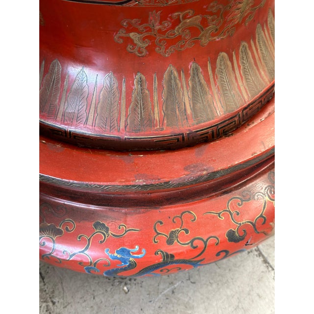 Paint Large 19th Century Chinese Red Lacquered Palace Vases on Stands For Sale - Image 7 of 18