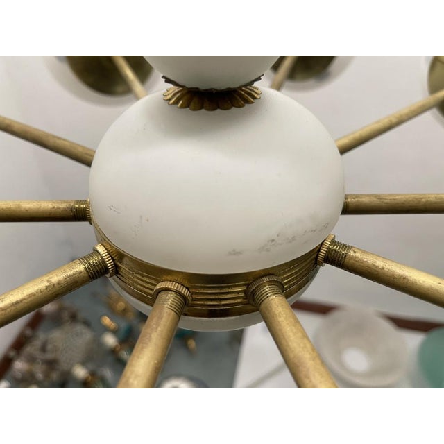 1960s Sputnik 10-Light Chandelier in Opaline Glass and Brass, 1960s For Sale - Image 5 of 13