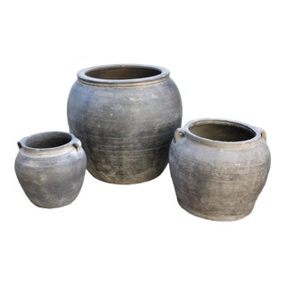 Antique Distressed Matt Black Pottery/Planters - Set of 3 For Sale