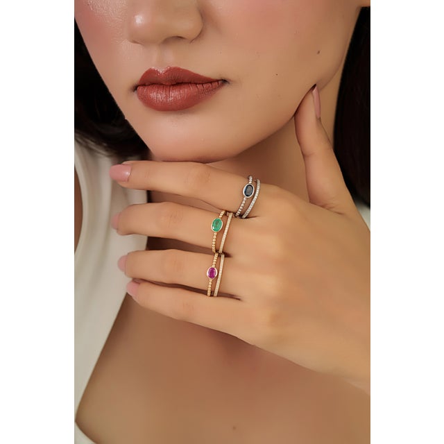 Not Yet Made - Made To Order 14k Gold Modern Blue Sapphire & Diamond Beaded Double Band Ring Size 4 For Sale - Image 5 of 14