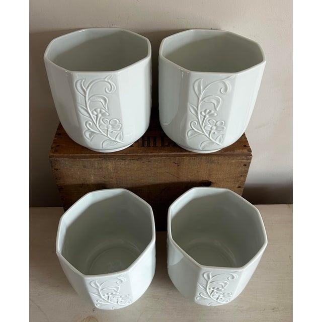 French Country Set of Four Limoges Glazed White Pottery Octagonal Planters With Floral Motif ~ Made in France For Sale - Image 3 of 10