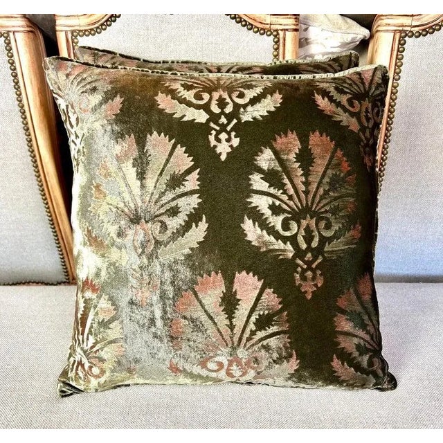 Pair of Custom Nomi Textiles olive green stenciled velvet pillows. These pillows feature a damask design with delicate...