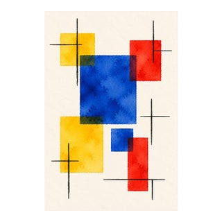 Midcentury Modern Abstract Art Print – Blue, Red and Yellow Geometric Design, 20" X 30" For Sale