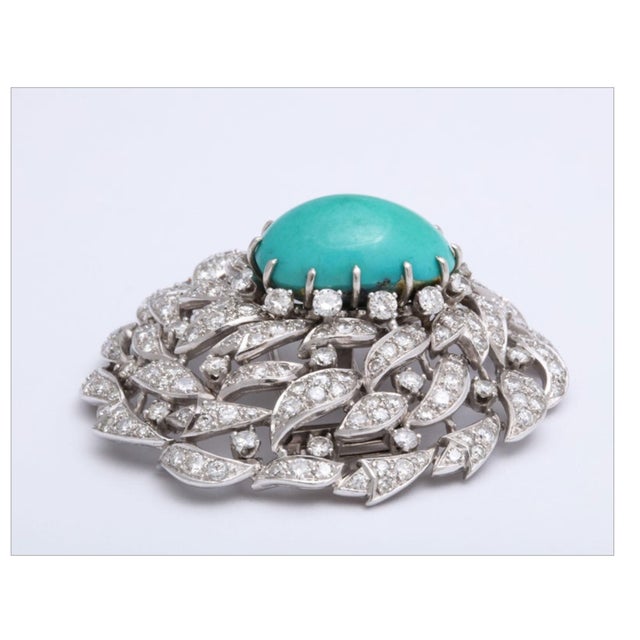 Platinum, Diamond, and Persian Turquoise Asymmetric Dress Clip For Sale - Image 4 of 7