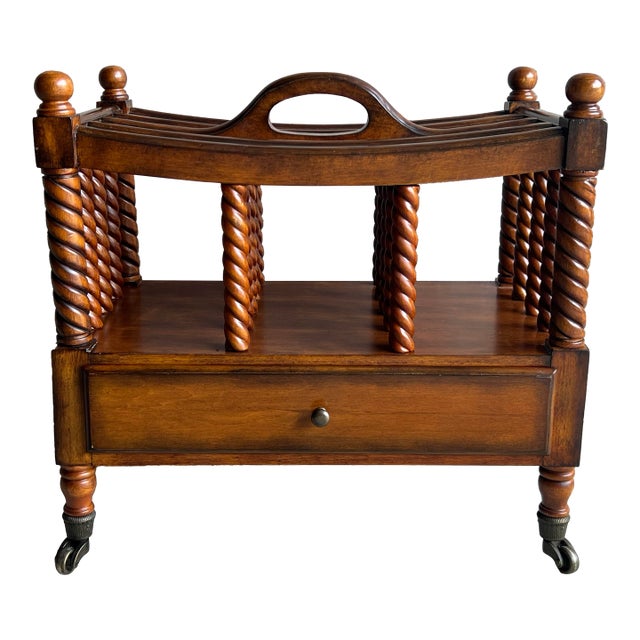 Vintage English Canterbury Barley Twist Wooden Magazine Rack on Metal Casters For Sale