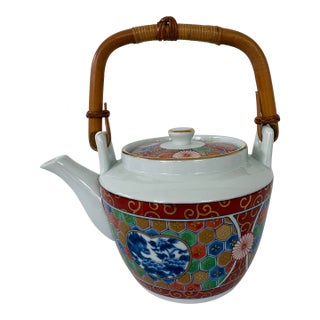 Vintage Style After Otagiri Japan Porcelain Teapot With Bamboo Handle – Imari Revival Mosaic Design For Sale