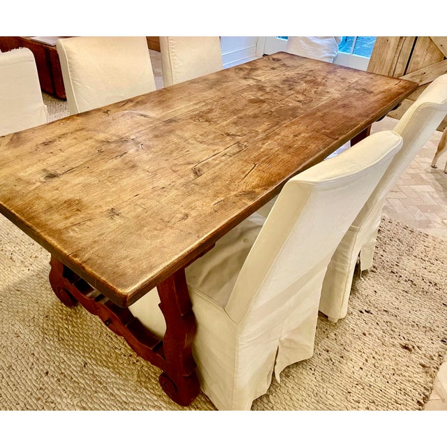 Early 20th Century Antique Italian Trestle Table in Walnut With Iron Stretcher For Sale - Image 5 of 6