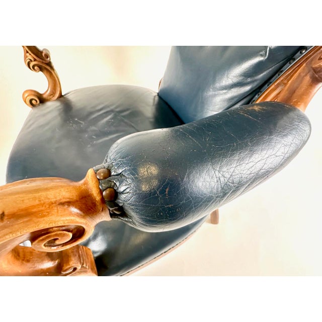 Antique French Armchair in Walnut and Blue Leather, 1890s For Sale - Image 10 of 18