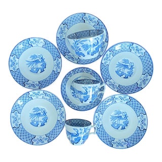 Antique Wood & Sons "Yuan" Pattern Blue and White Transferware Coffee & Tea Set - Mixed Demitasse and Teacup 9 pcs For Sale