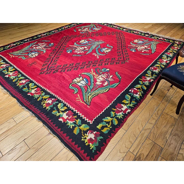 Vintage Turkish Bessarabian Kilim, Handwoven Wool, Floral Pattern, Red & Black, 11x13 For Sale - Image 12 of 13