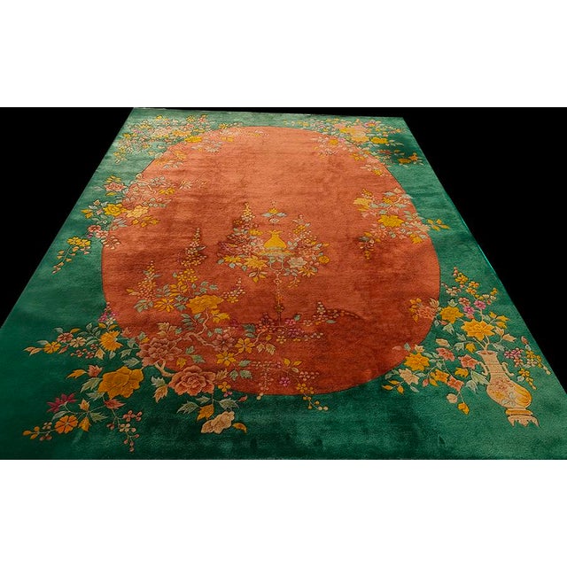 Wool Knotted Antique Chinese - Art Deco 1920s Coral Room Size Rectangle Rug, Circa Date: 1920s. This exceptional example...