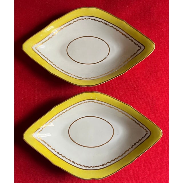 Pair large antique early 19th century English George III Derby porcelain navette shape dishes with yellow border and...