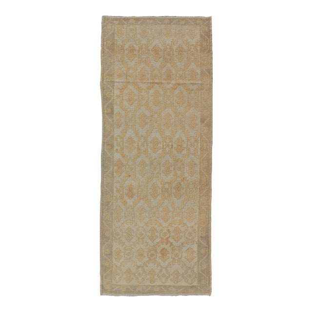 Keivan Woven Arts Vintage Muted Mid-Century Turkish Oushak Runner With Latticework Design in Cream For Sale