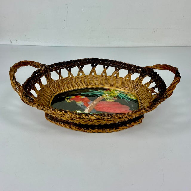 1950s 1950s Vintage Mexican Folk Art Original Feather Mixed Media Acrylic Bird Painting With Basket Frame For Sale - Image 5 of 14