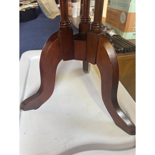 Coffee Vintage Hammary Mahogany Cloverleaf Side Table - Mid-Century Tooled Leather Pedestal Accent Table - Plant No. 2 Lenoir Nc For Sale - Image 8 of 11