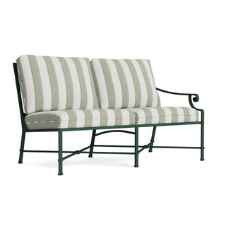 Brown Jordan Venetian Right Arm Loveseat in Forest Green with Forest Stripe Cushions For Sale