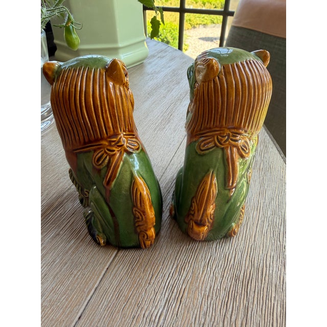 Mid Century Petite Green Glazed Bisque Foo Dogs, a Pair For Sale - Image 4 of 8