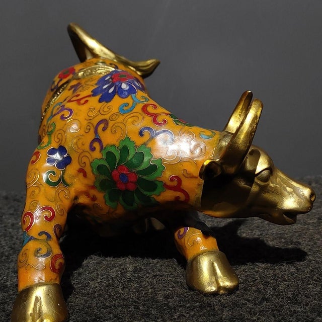 Vintage Cloisonne Enamel Bull Figurine – 9.8" Yellow Ground Gilt Ox Sculpture For Sale - Image 9 of 9