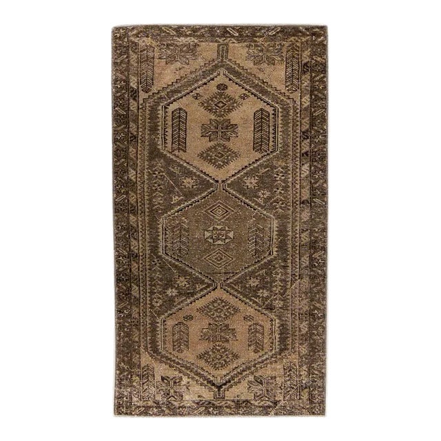 1960s Vintage Distressed Brown Geometric Wool Rug For Sale