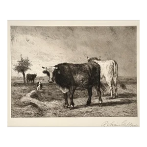 Robert Swain Gifford - Normandy Cattle by Constantine Troyon Chine Collé Print, Signed (1887)