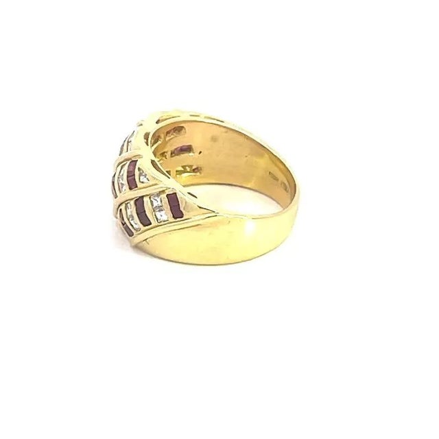 Contemporary Ruby Diamond Dome Ring 18k Yellow Gold Square Cut Fancy Style Wide Band For Sale - Image 3 of 7