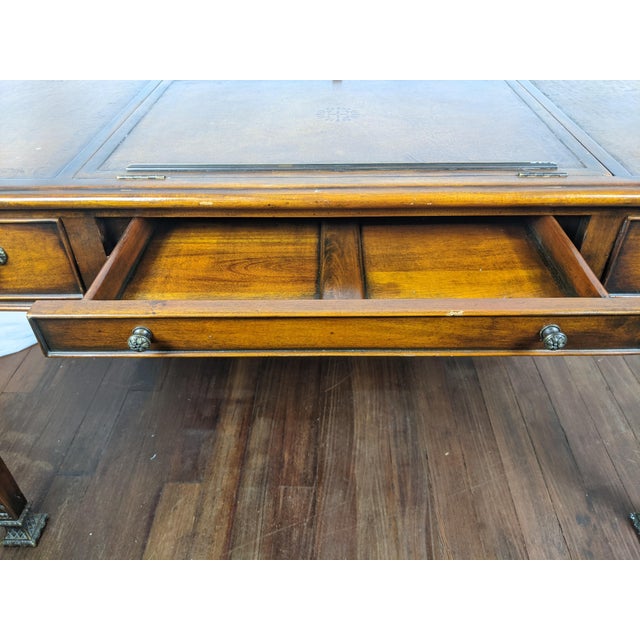 Late 20th Century Theodore Alexander Regency Style Mahogany & Leather Writing Desk With Carved Ribbon Motif Legs For Sale - Image 11 of 18
