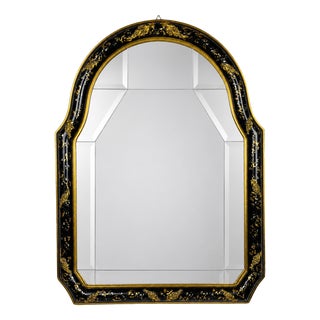Vintage Venetian Chinoiserie Black and Gold Painted Wall Mirror, Italy, 1950s For Sale