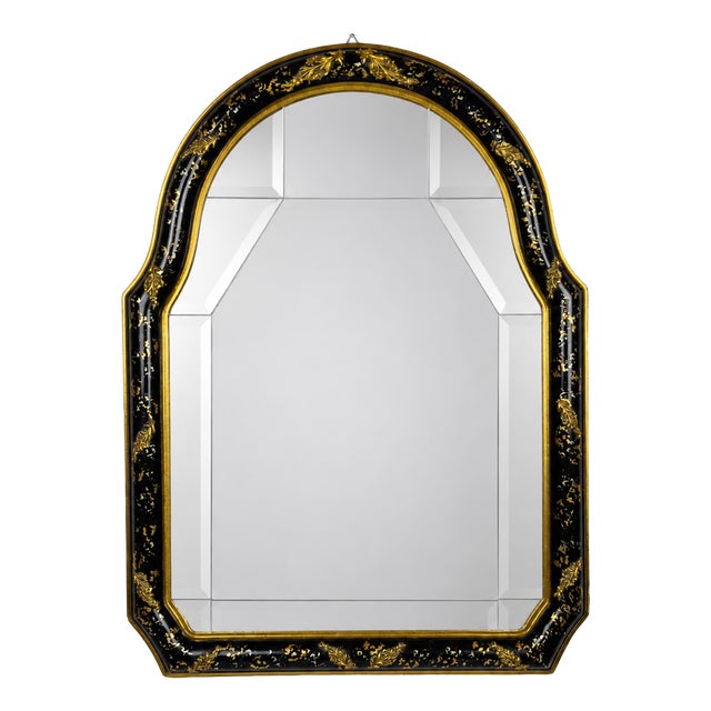 Vintage Venetian Chinoiserie Black and Gold Painted Wall Mirror, Italy, 1950s For Sale