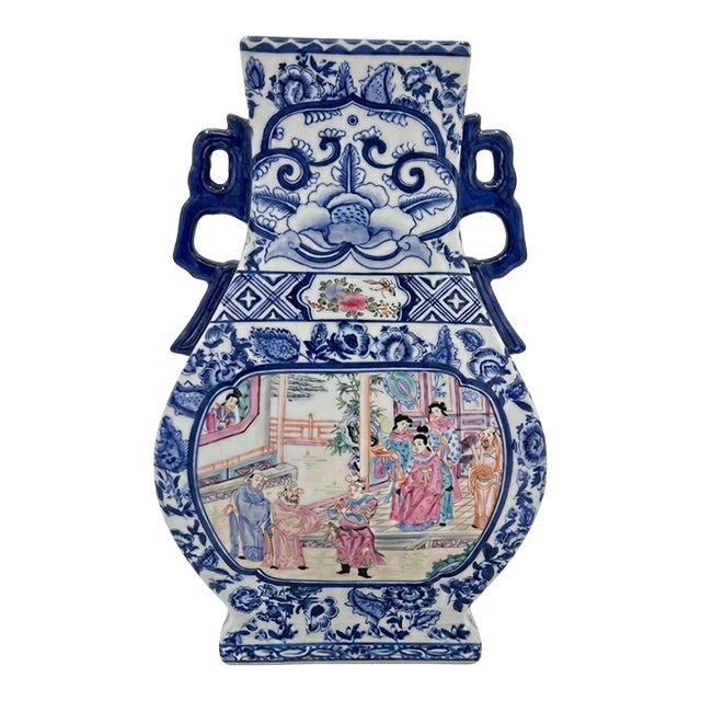 Vintage Blue and White Porcelain Vase With Hand Painted Court Scene For Sale