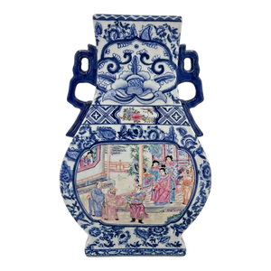 Vintage Blue and White Porcelain Vase With Hand Painted Court Scene