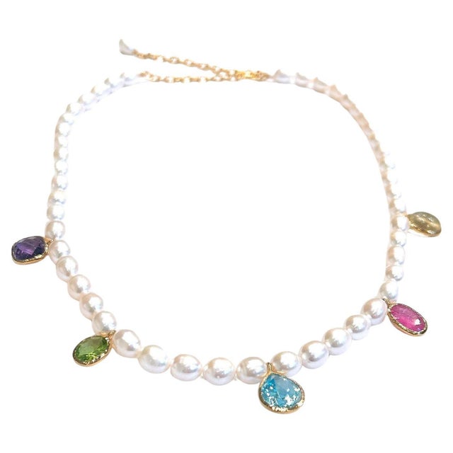 Bochic "Capri" Vintage Pearl, Ruby & Multi Gem Necklace Set 18K Gold & Silver For Sale - Image 15 of 18