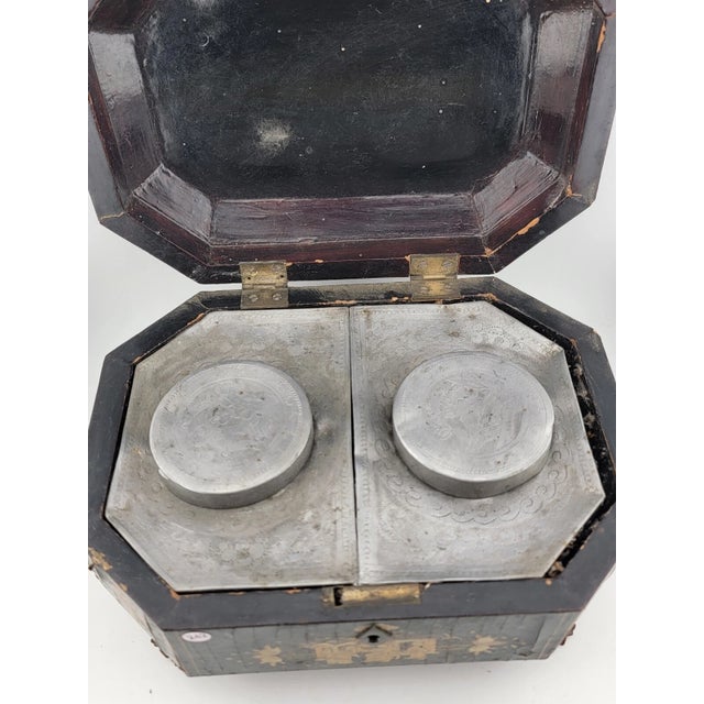 Wood Rare Mid 1800's Antique Chinese Gilt Lacquered Tea Caddy W/ Pewter Containers. For Sale - Image 7 of 12