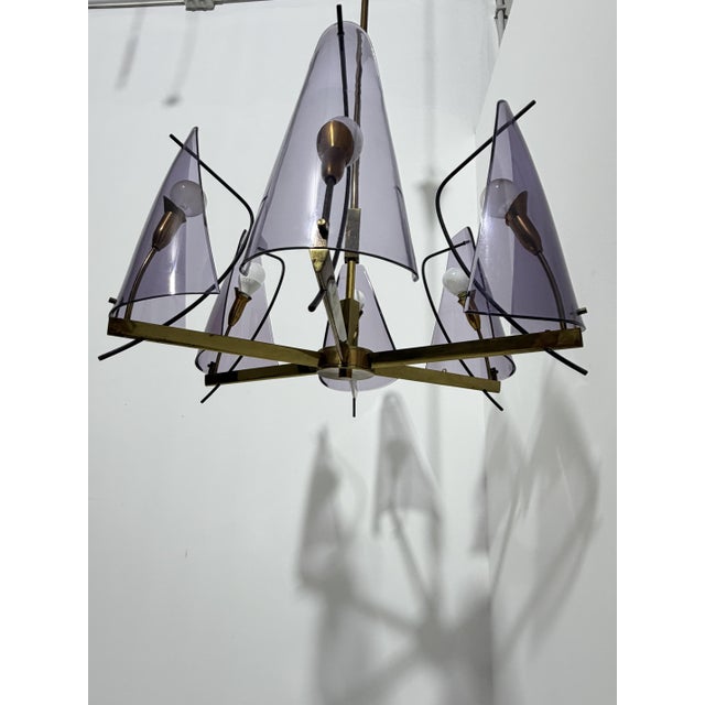 Brass and Purple Acrylic Glass Chandelier in the style of Stilux Milano, 1960s For Sale - Image 12 of 14