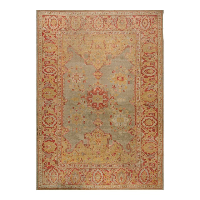 Sand Background Color & Medallion Design Antique Turkish Oushak Rug For Sale