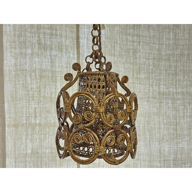 Italian Peacock Style Rattan Pendant Light, 1960s For Sale - Image 9 of 13