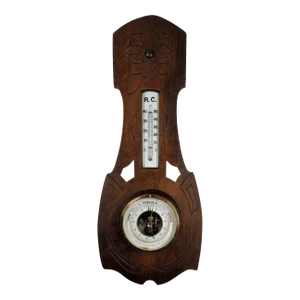 1930’s Art Deco Antique Weather Station Barometer Thermometer in Carved Wood and Beveled Glass