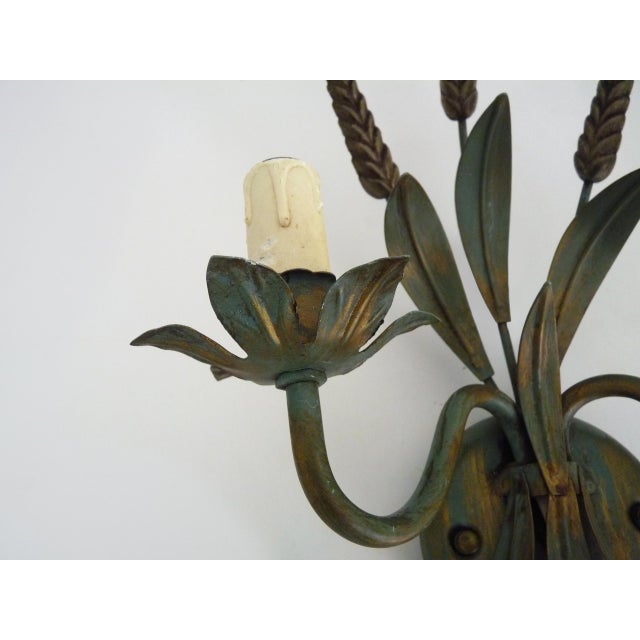 Metal Antique Wheat Sheaf Wall Sconces in Gold and Green Metal, 1980s, Set of 2 For Sale - Image 7 of 11